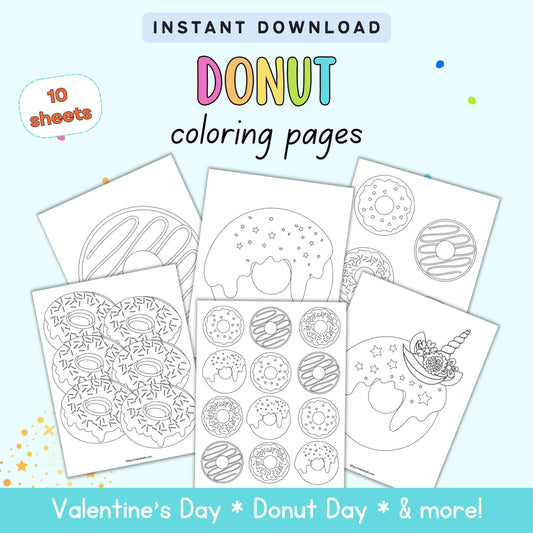 text "donut coloring pages - 10 sheets" with a preview of six donut coloring pges