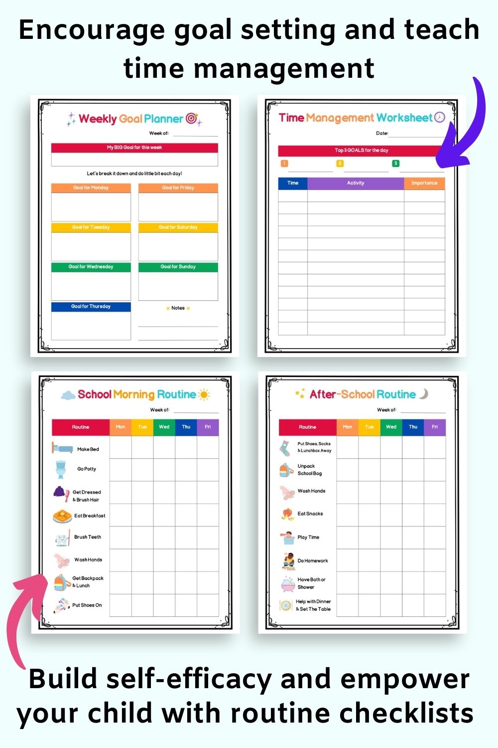 A preview of four pages from a colorful elementary student planner