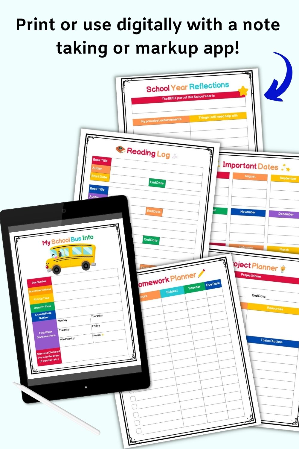 A mockup showing using a printable children's planner with a tablet
