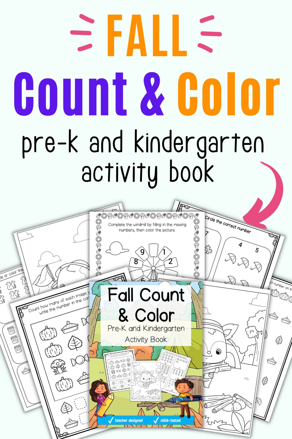 Text "fall count and color pre-k and kindergarten activity book"