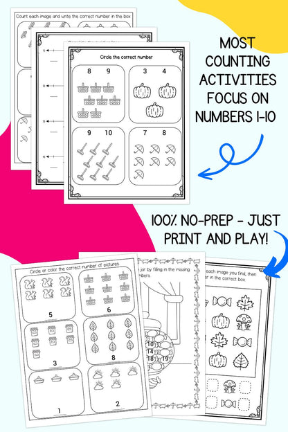 Text "most counting activities focus on numbers 1-10" and "100% no-prep - just print and play!"
