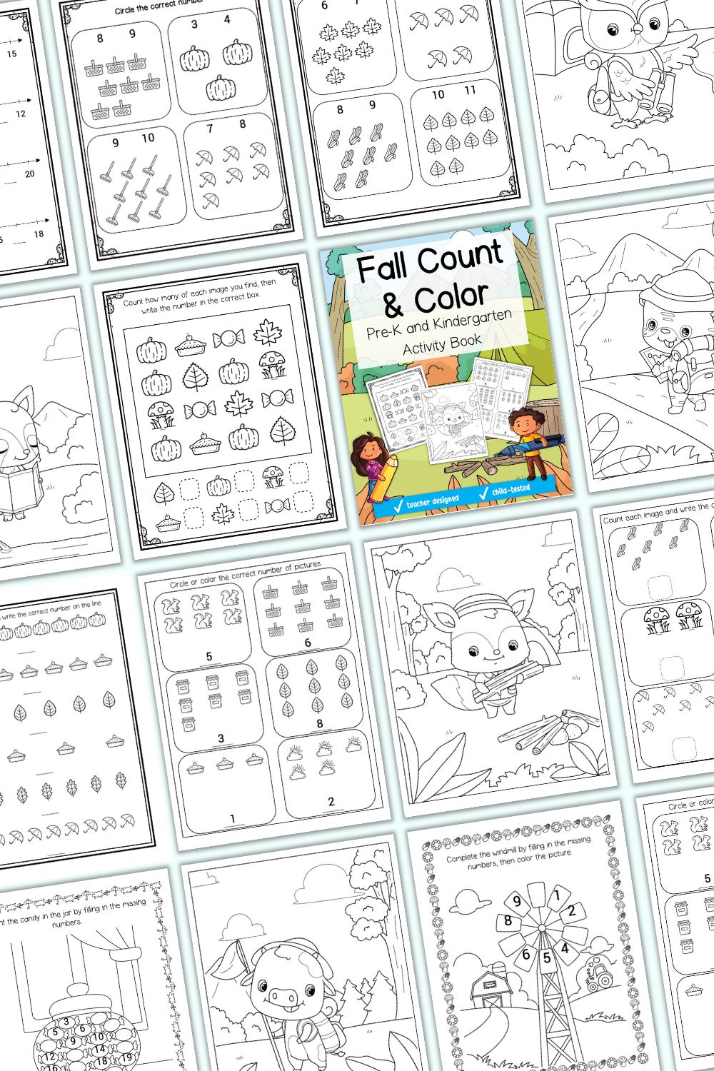 A preview of pages from inside Fall Count and Color preschool and kindergarten activity book