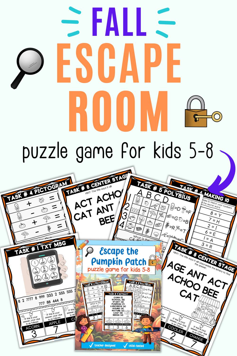 Text "fall escape room puzzle game for kids 5-8"