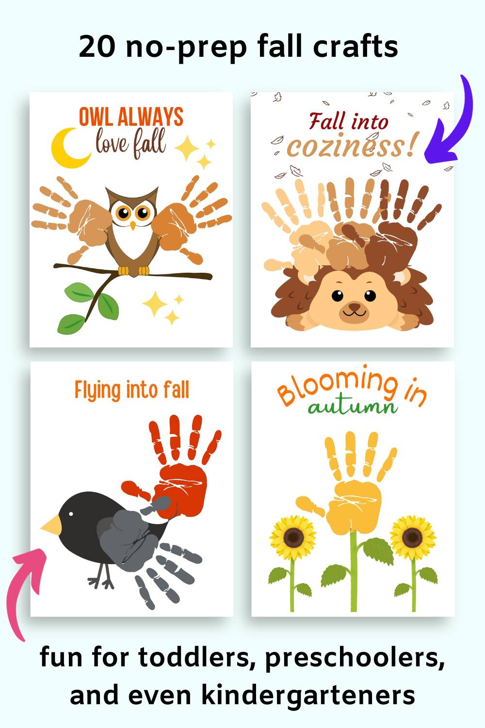 text "20 no-prep fall crafts" and "fun for toddlers, preschoolers, and even kindergarteners" with a preview of four handprint craft pages