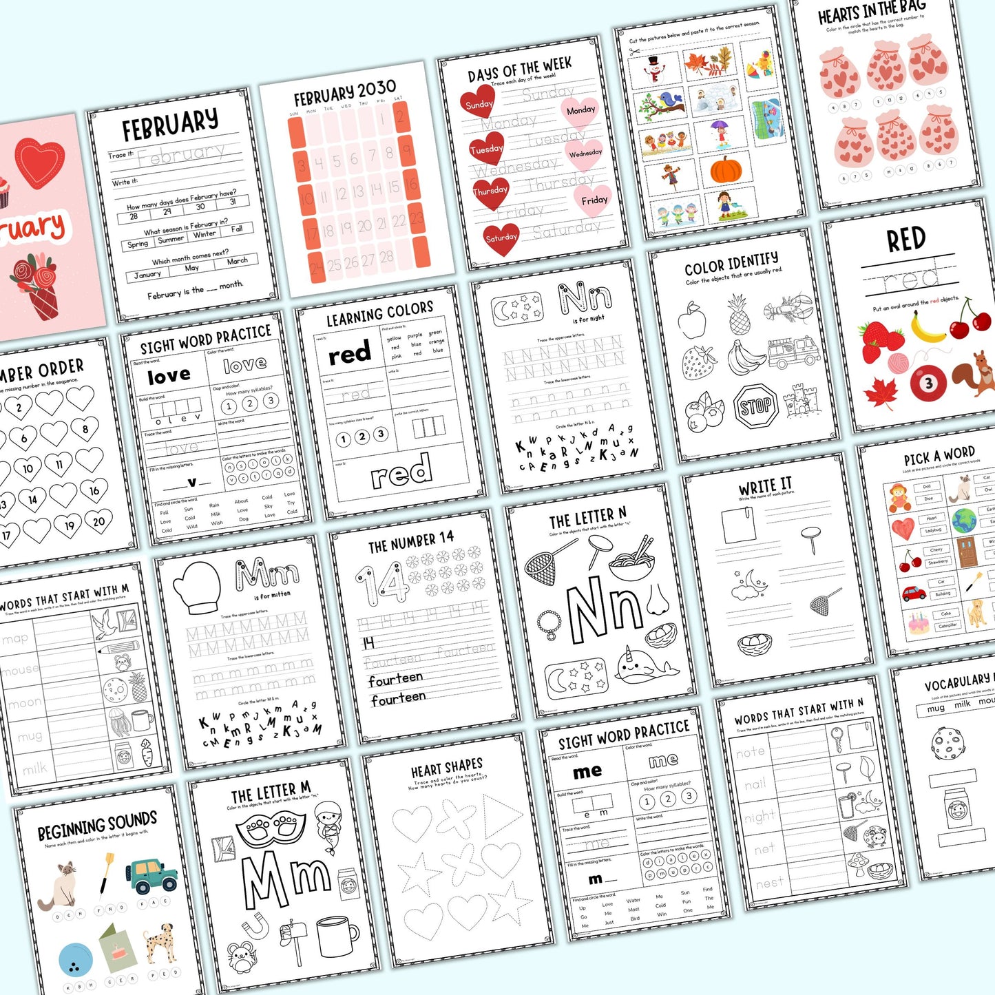 Collection of educational worksheets for children on a light blue background