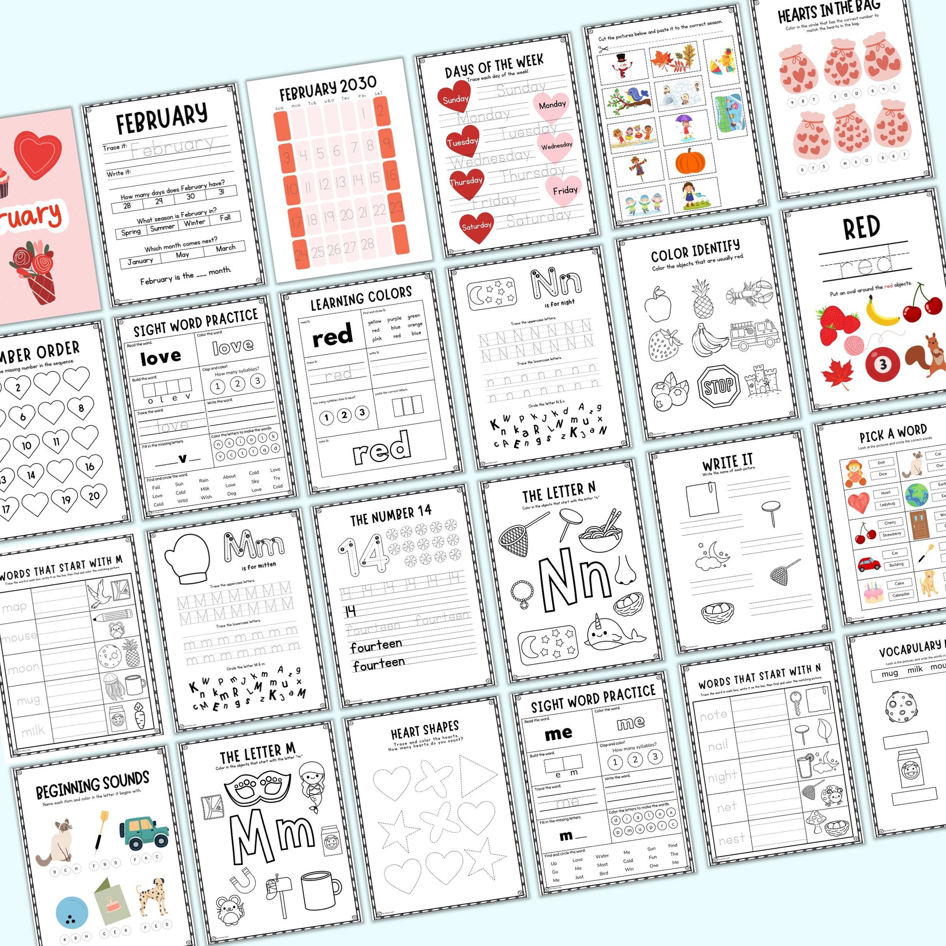 Collection of educational worksheets for children on a light blue background