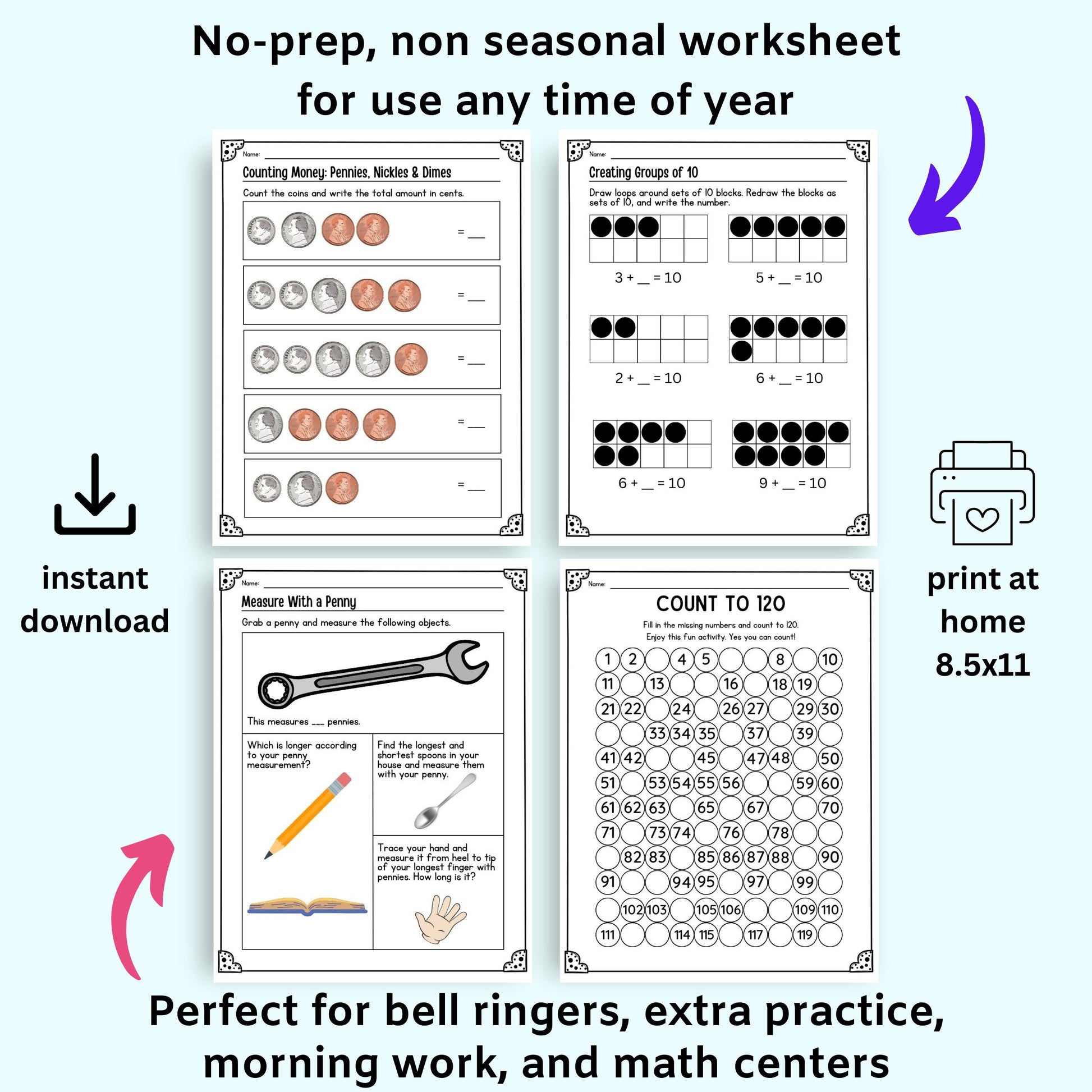 Educational worksheets for counting money, measuring, and number recognition on a white background.