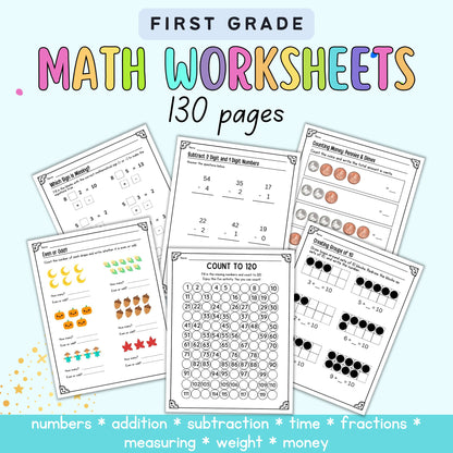 First grade math worksheets with colorful text on a light blue background