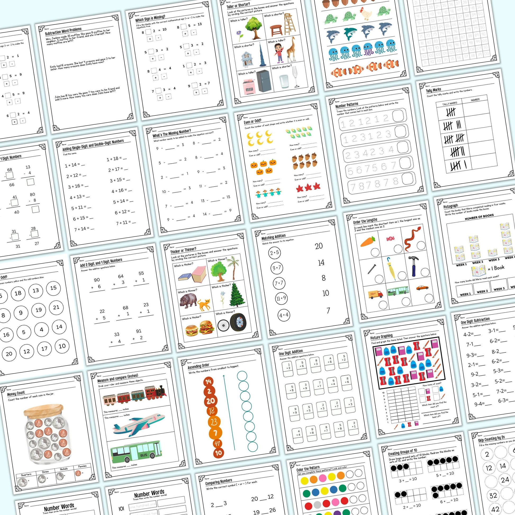 Collection of educational worksheets with various activities and illustrations on a light blue background.