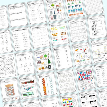 Collection of educational worksheets with various activities and illustrations on a light blue background.