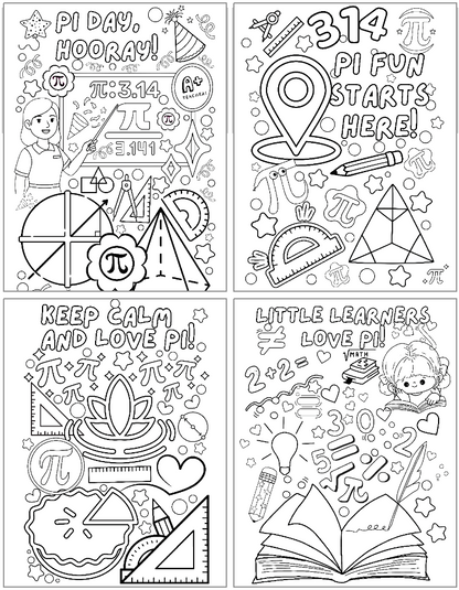 Four Pi Day-themed coloring pages with various graphics and text.