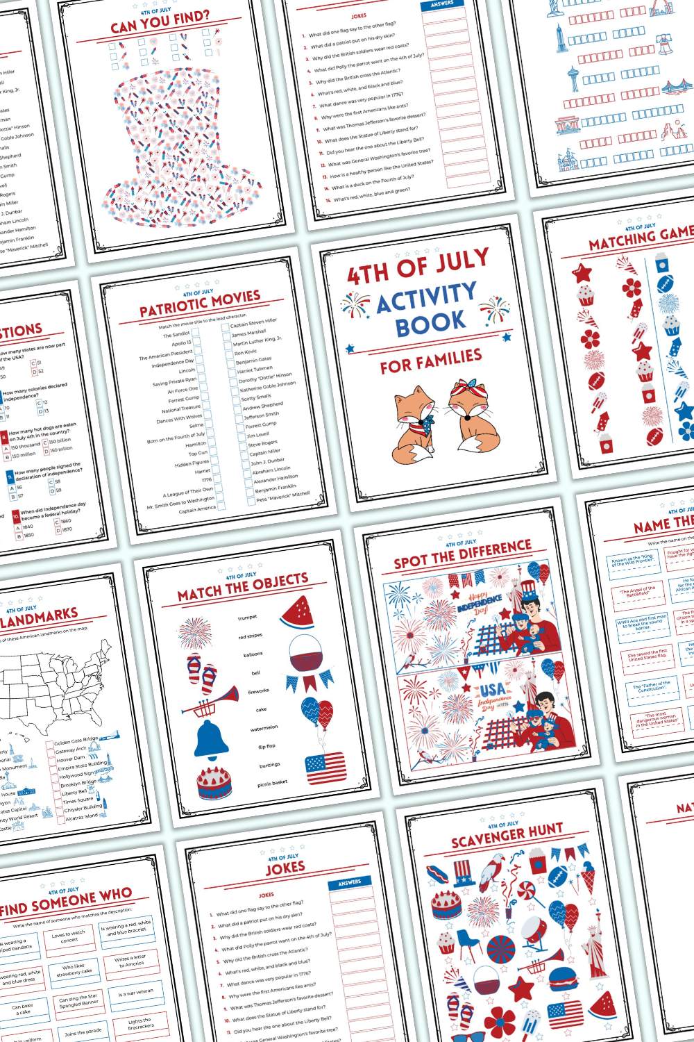 A preview of pages from a Fourth of July activity book for families