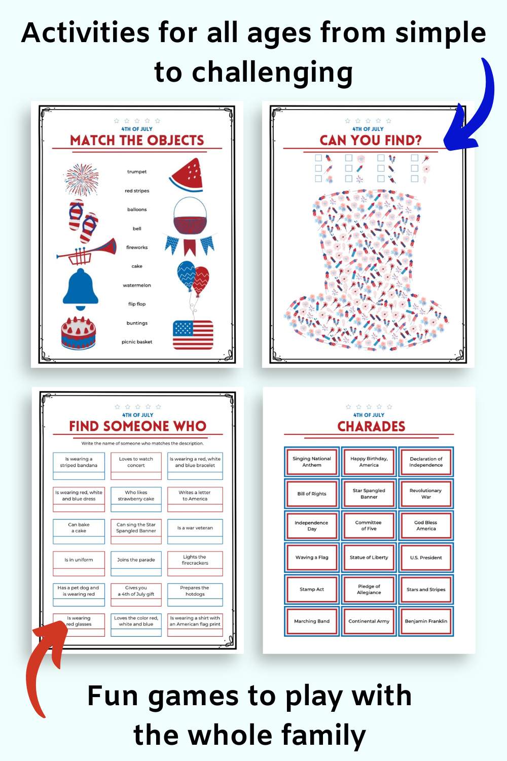 A preview of pages from a Fourth of July activity book for families