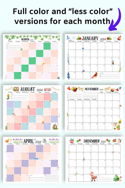 Text "full color and less color versions for each month" with calendar pages for March, January, August, November, April, and December