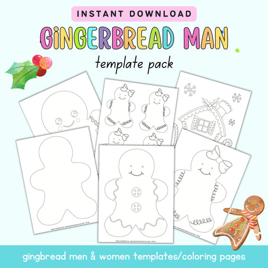 Text "instant downloag gingerbread man template pack" with a preview of six gingerbread man templates