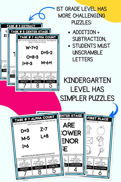 Text "1st grade level has more challenging puzzles" addition + subtraction, students must unscramble letters" and "kindergarten level has simpler puzzles" with a preview of six puzzle sheets