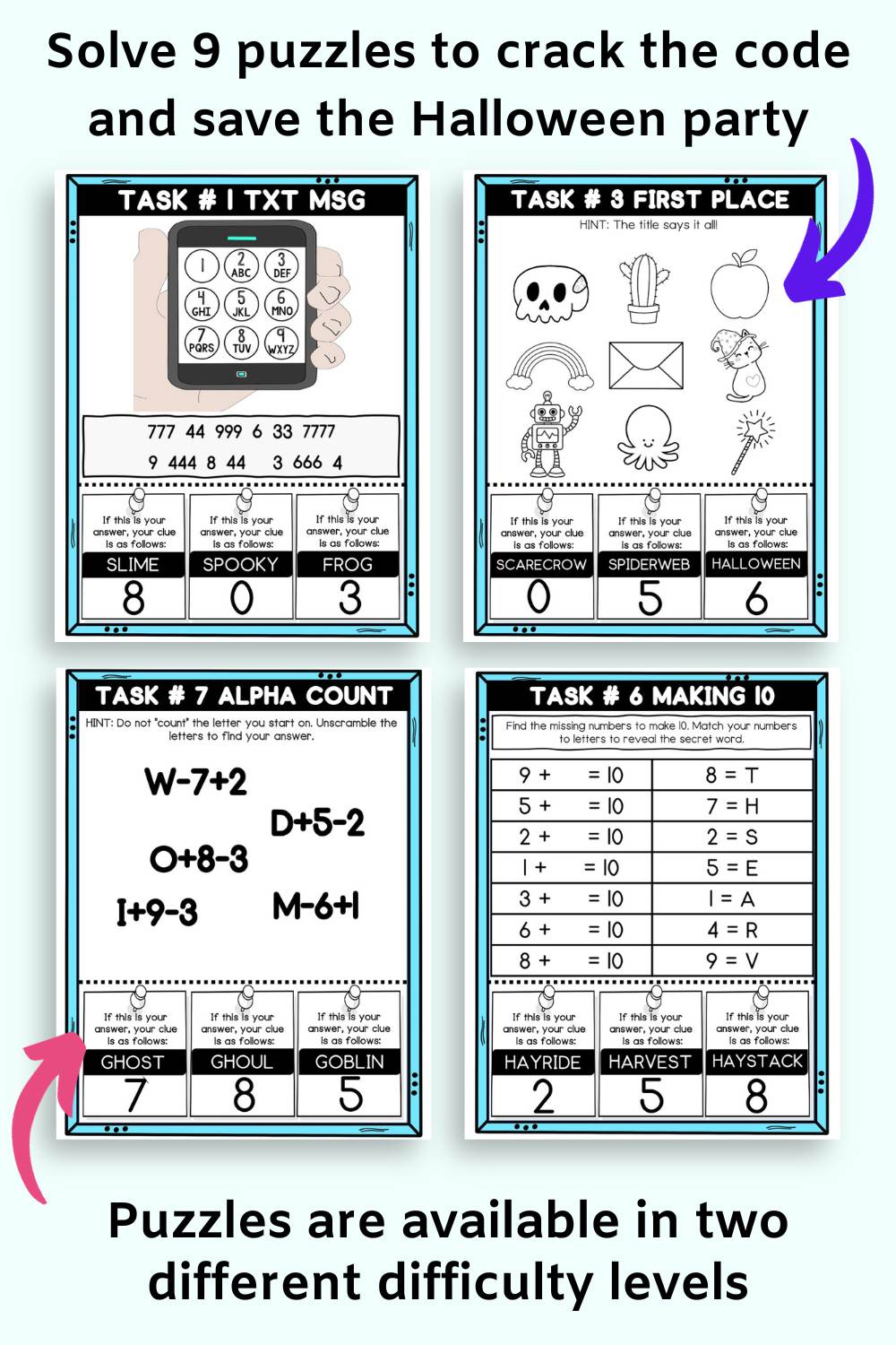 Text "Solve 9 puzzles to crack the code and save the Halloween party" and "puzzles are available in two different difficulty levels" with a preview of four different puzzles