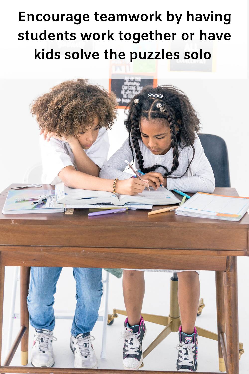text "encourage teamwork by having students work together or have kids solve the puzzles solo" with a picture of  two children working at a desk together