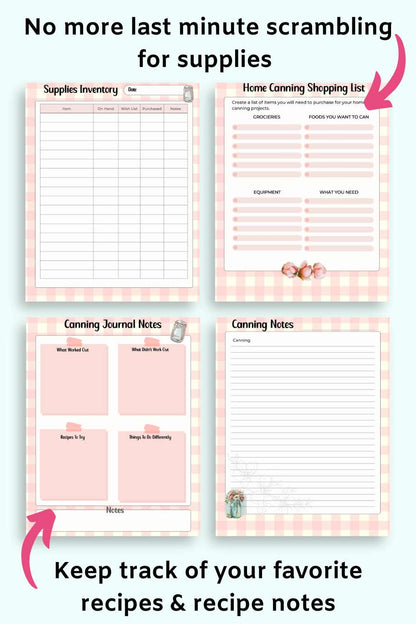 Four interior pages from a home canning planner