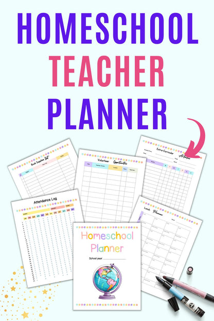Text "homeschool teacher planner" with a preview of six pages