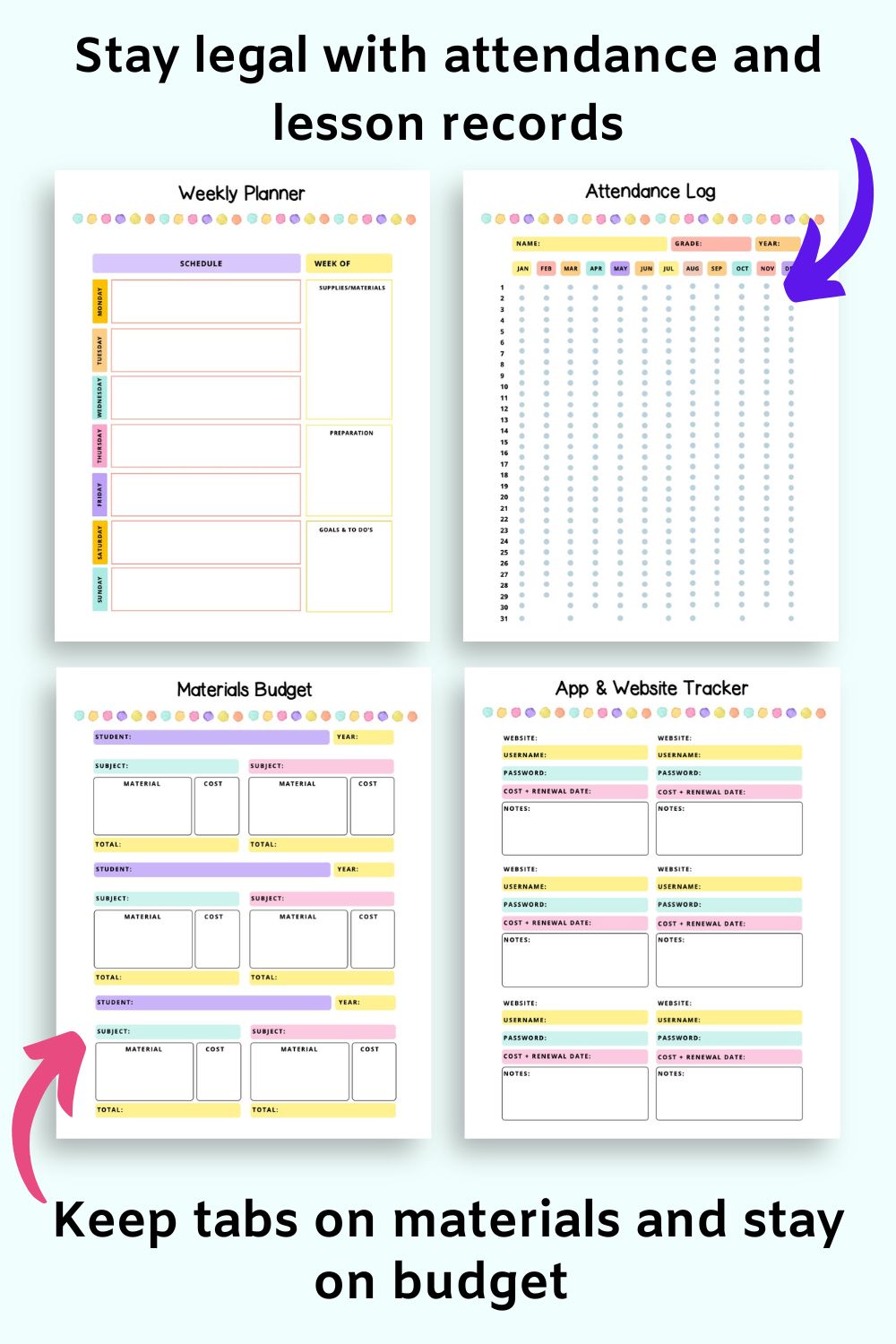 Text "stay legal with attendance and lesson records" and "keep tabes on materials and stay on budget"