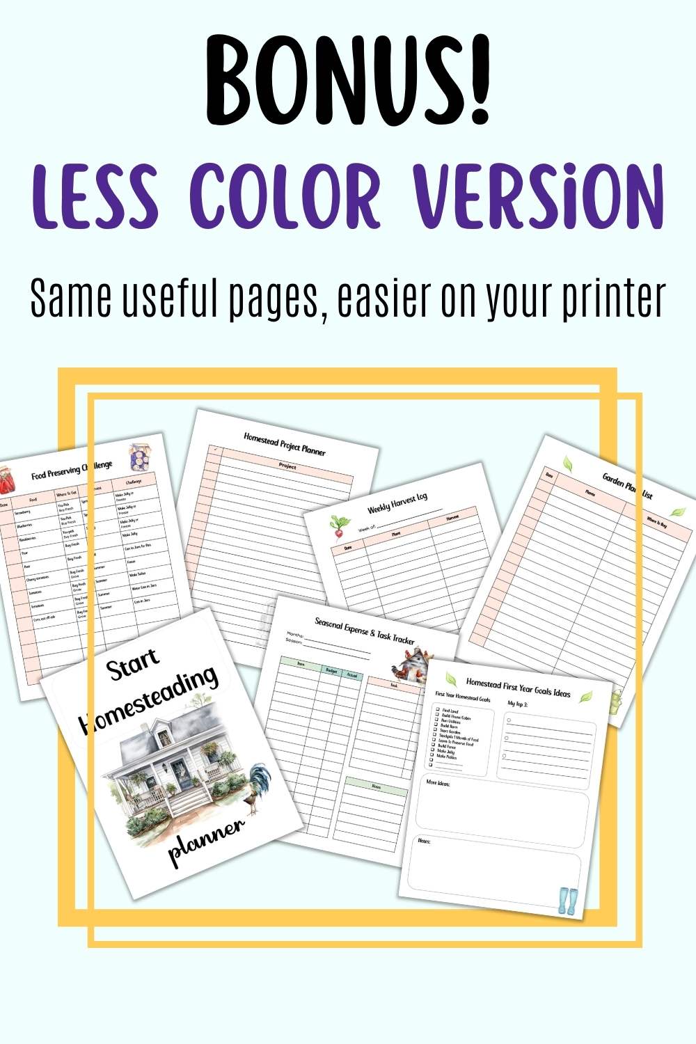 Pages of a less colorful homesteading planner that uses less ink