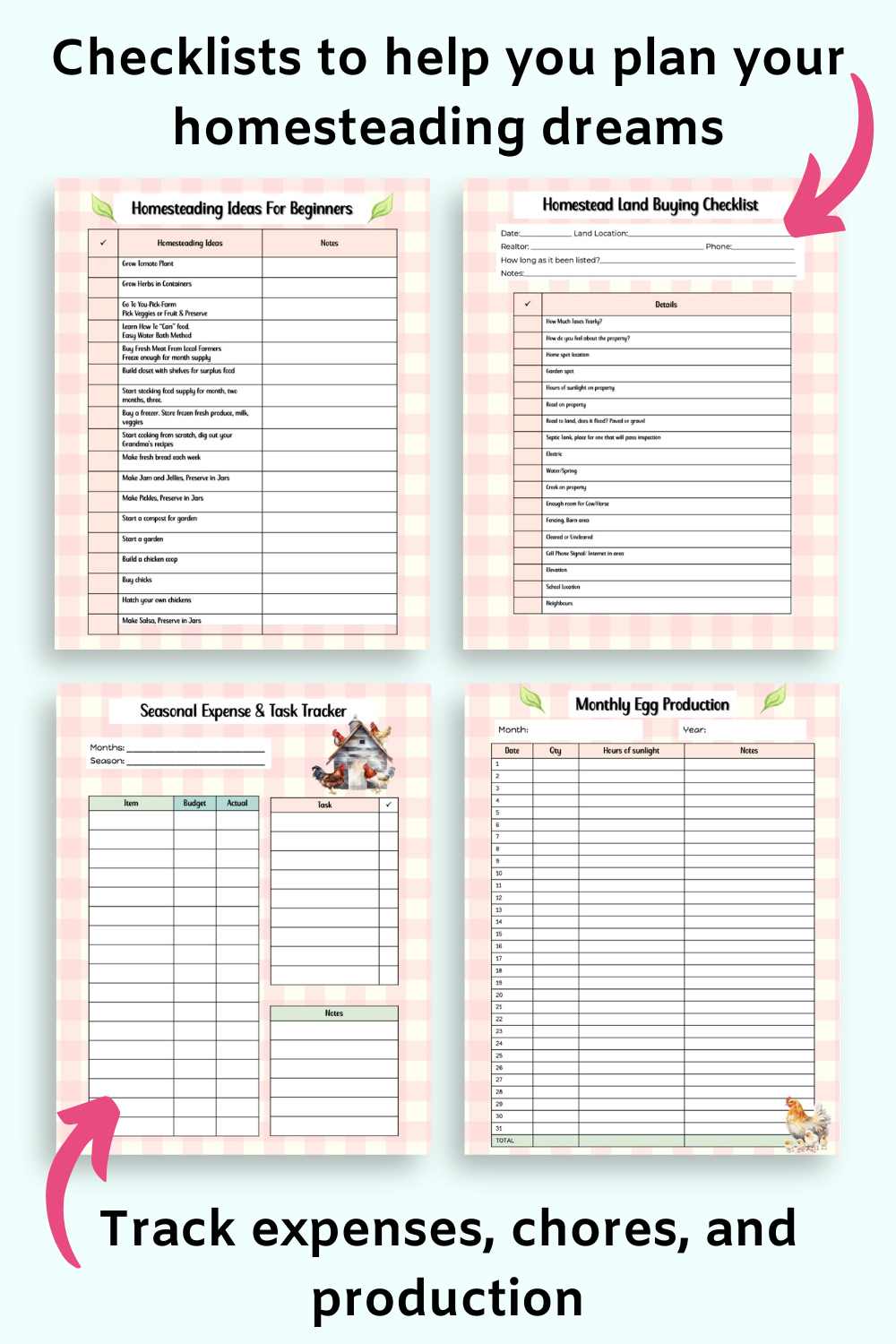 Four interior pages from a homesteading planner