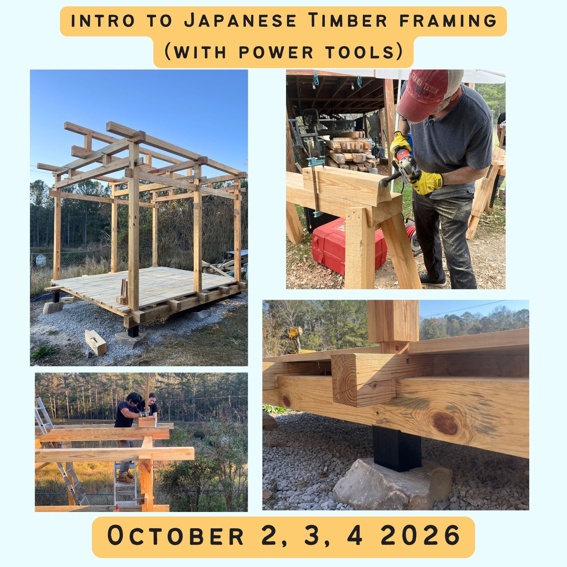 Collage of images showing Japanese timber framing with power tools, including a wooden structure and a person working on it.