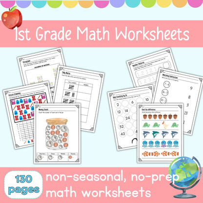 Collection of 1st Grade Math Worksheets with a colorful border and apple icon.