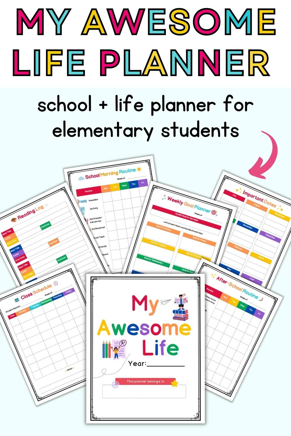 Text "my awesome life planner for elementary students""