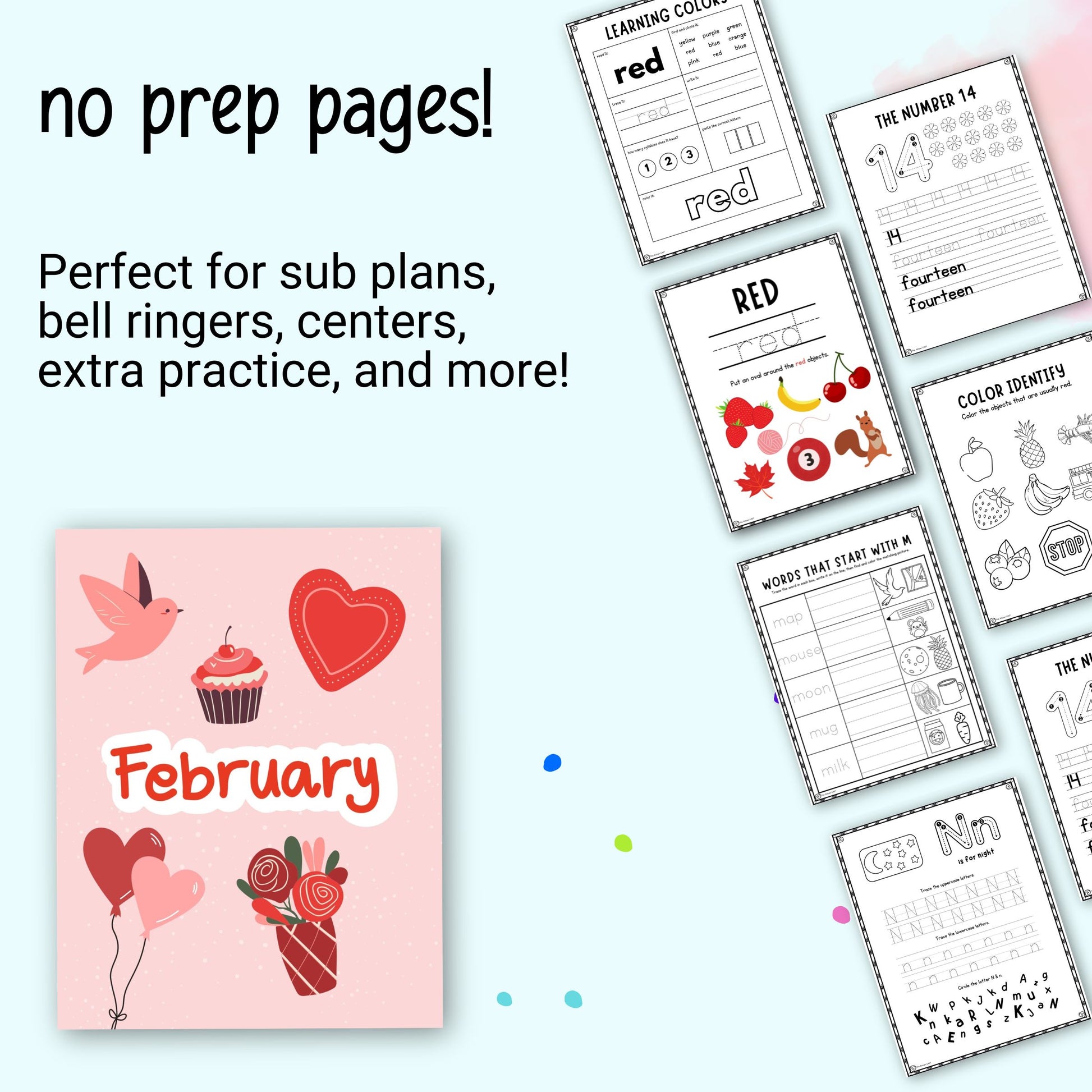 Educational materials with a pink 'February' theme and various worksheets on a light blue background.