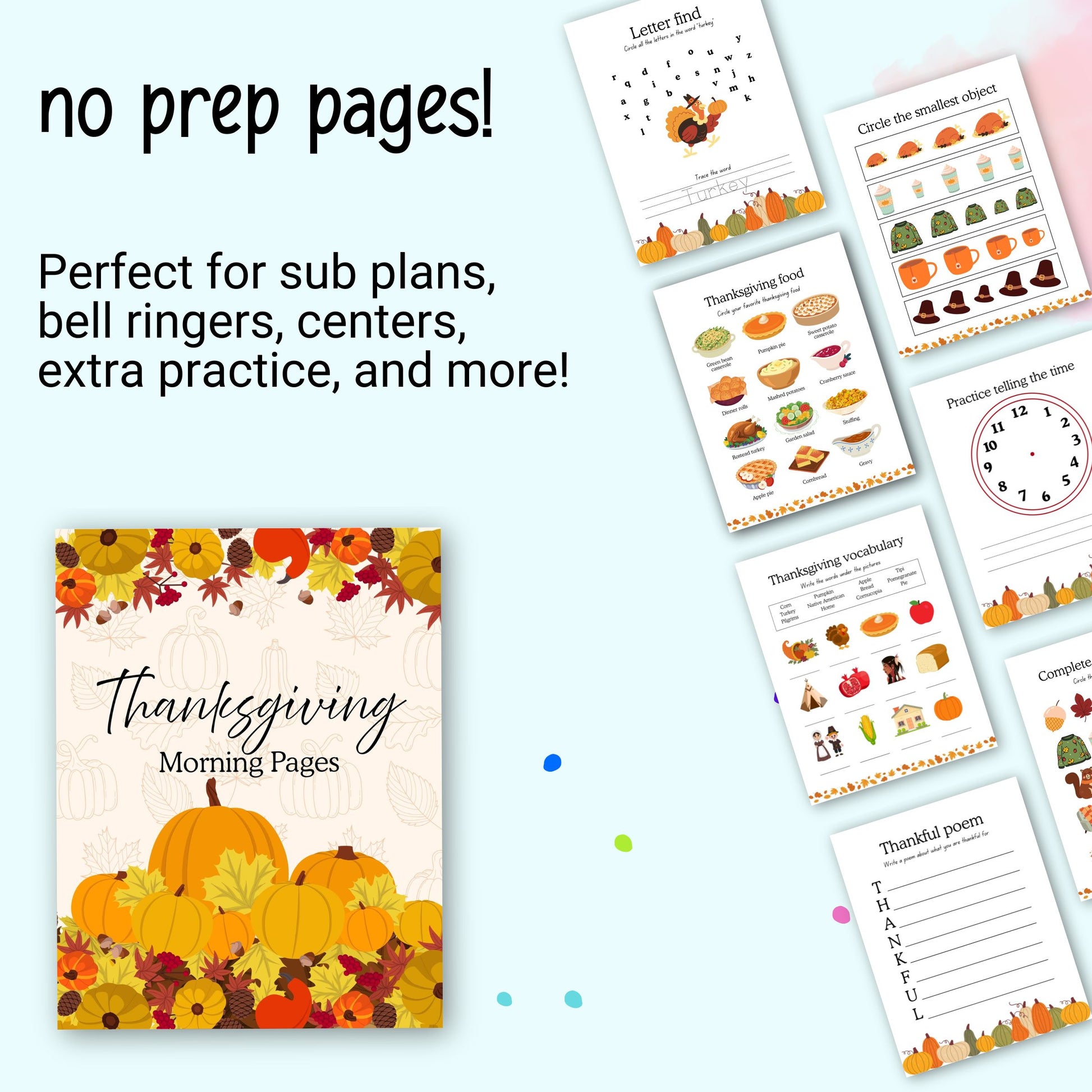 Collection of Thanksgiving-themed educational pages on a light blue background with text 'no prep pages!'.


