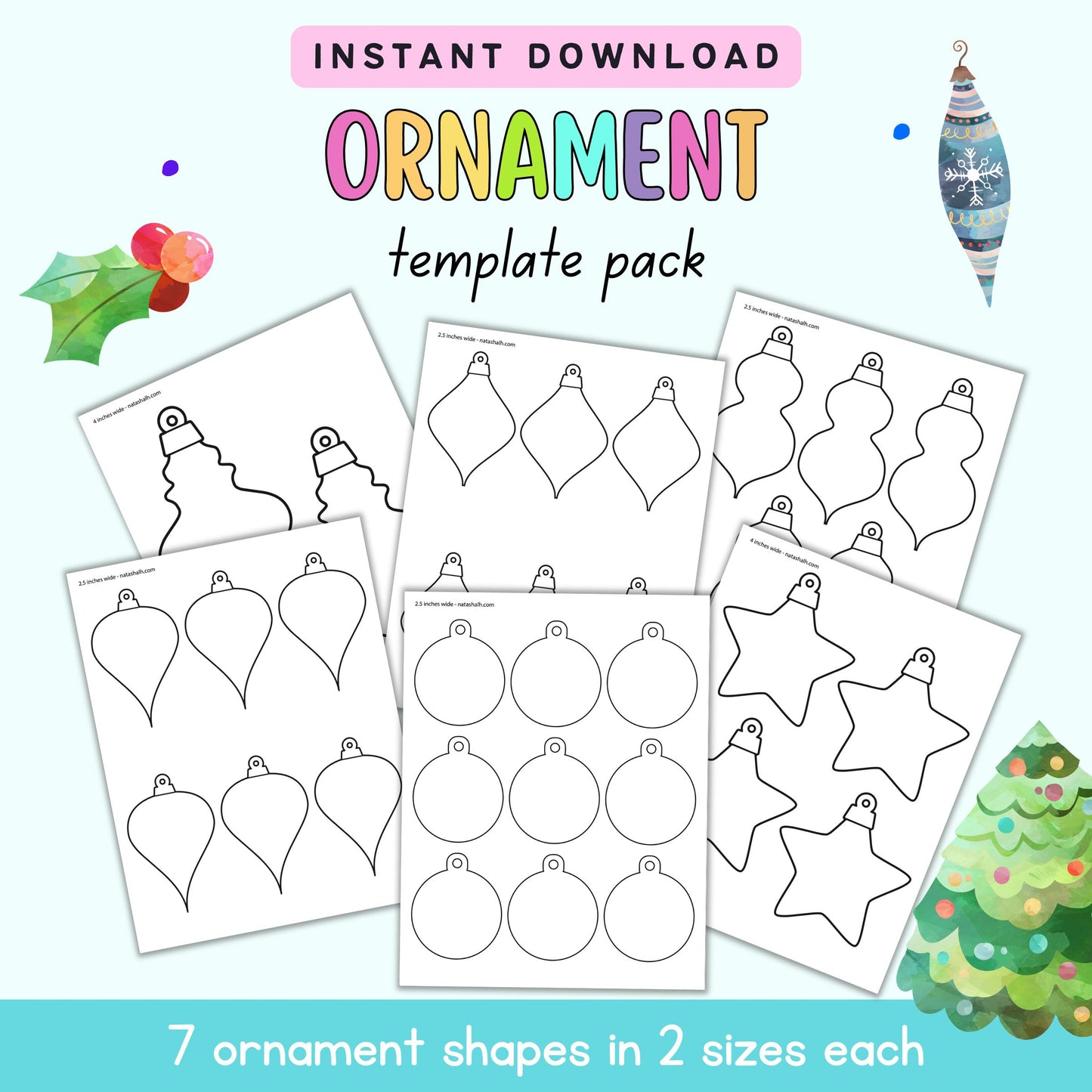 text "instant download ornament template pack" with a preview of six pages of ornaments