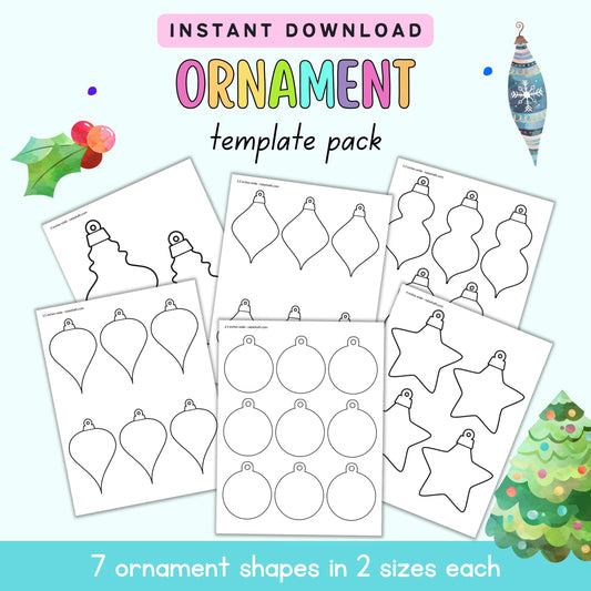 text "instant download ornament template pack" with a preview of six pages of ornaments