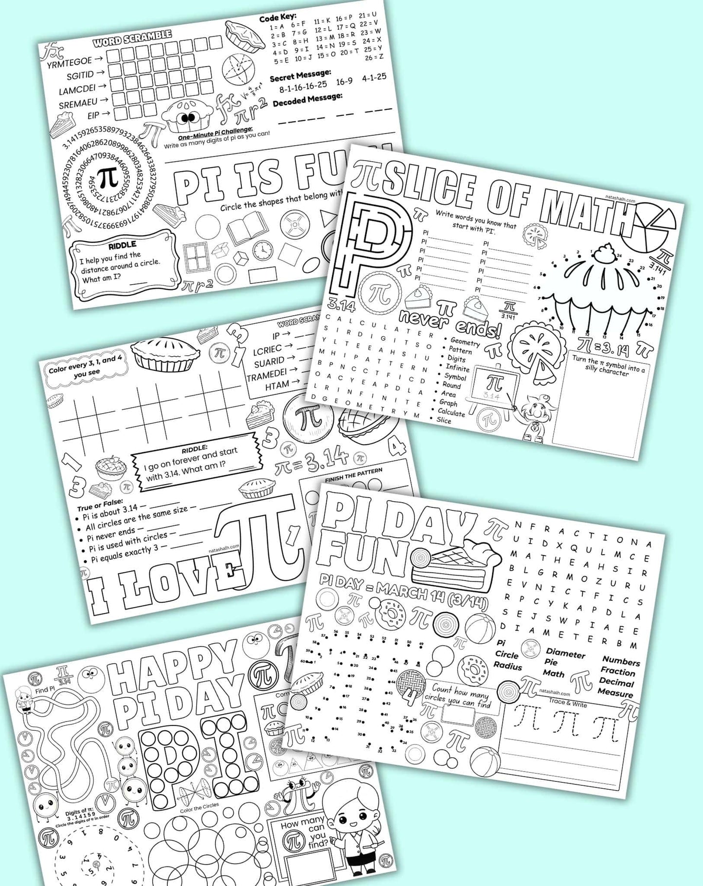Collection of Pi Day-themed worksheets and coloring pages on a light blue background