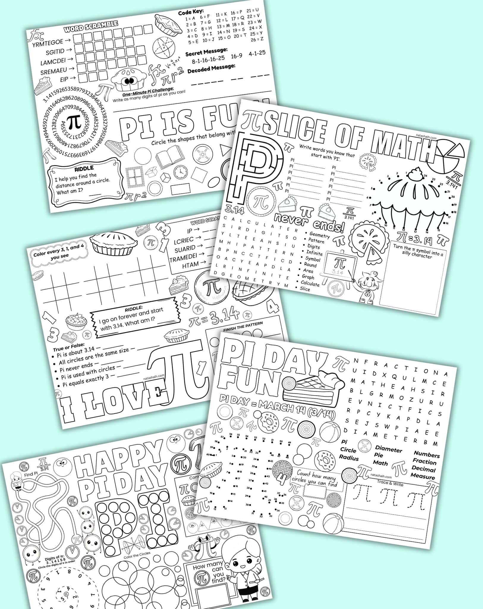 Collection of Pi Day-themed worksheets and coloring pages on a light blue background