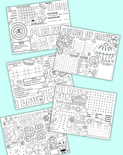 Collection of Pi Day-themed worksheets and coloring pages on a light blue background