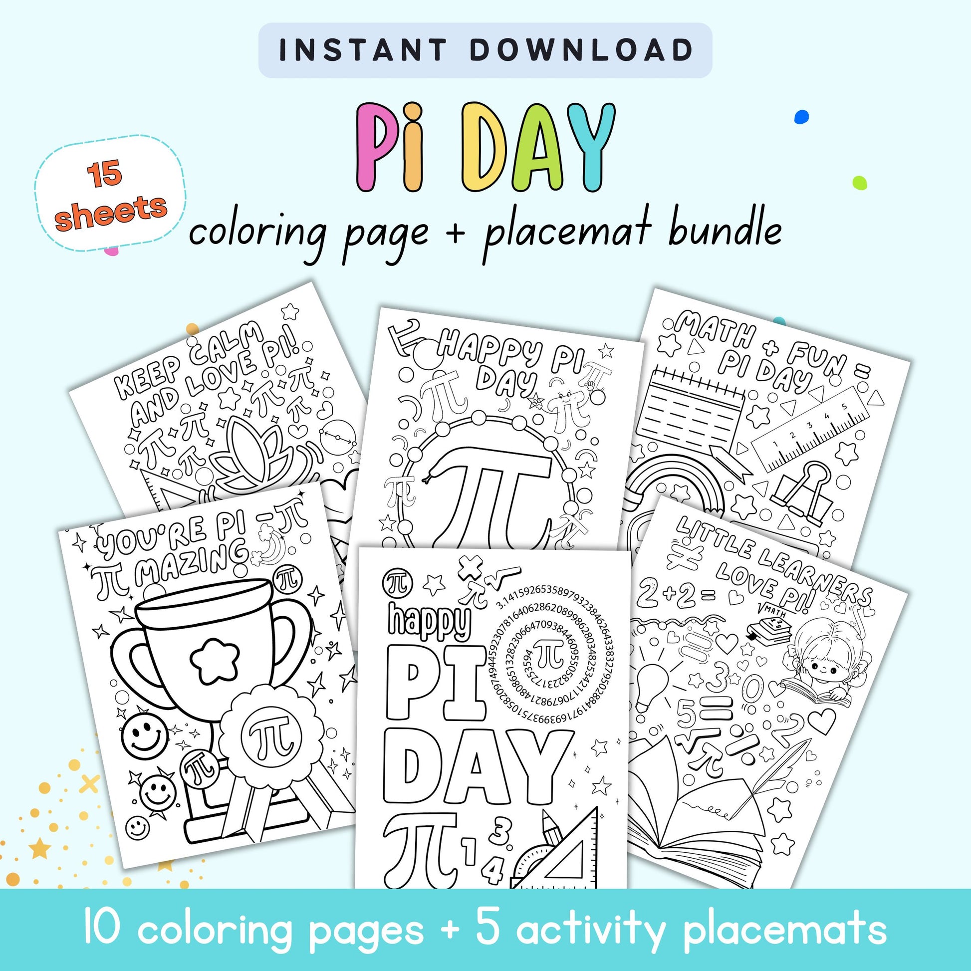 Pi Day coloring pages and placemats with text on a light blue background