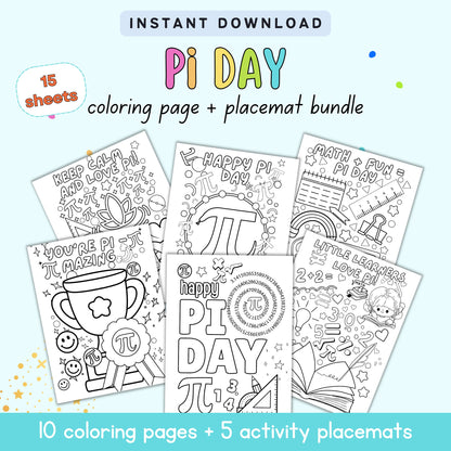 Pi Day coloring pages and placemats with text on a light blue background