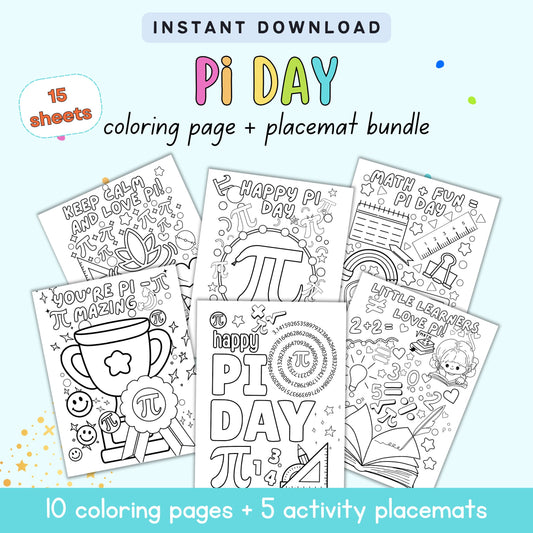 Pi Day coloring pages and placemats with text on a light blue background