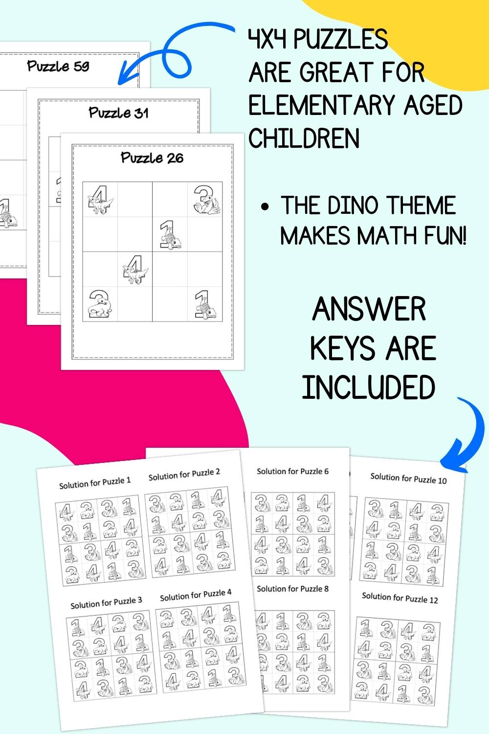 Text "4x4 puzzles are great for elementary aged chidlren" and "answer keys are included" with a preview of three puzzles and three pages of answer key
