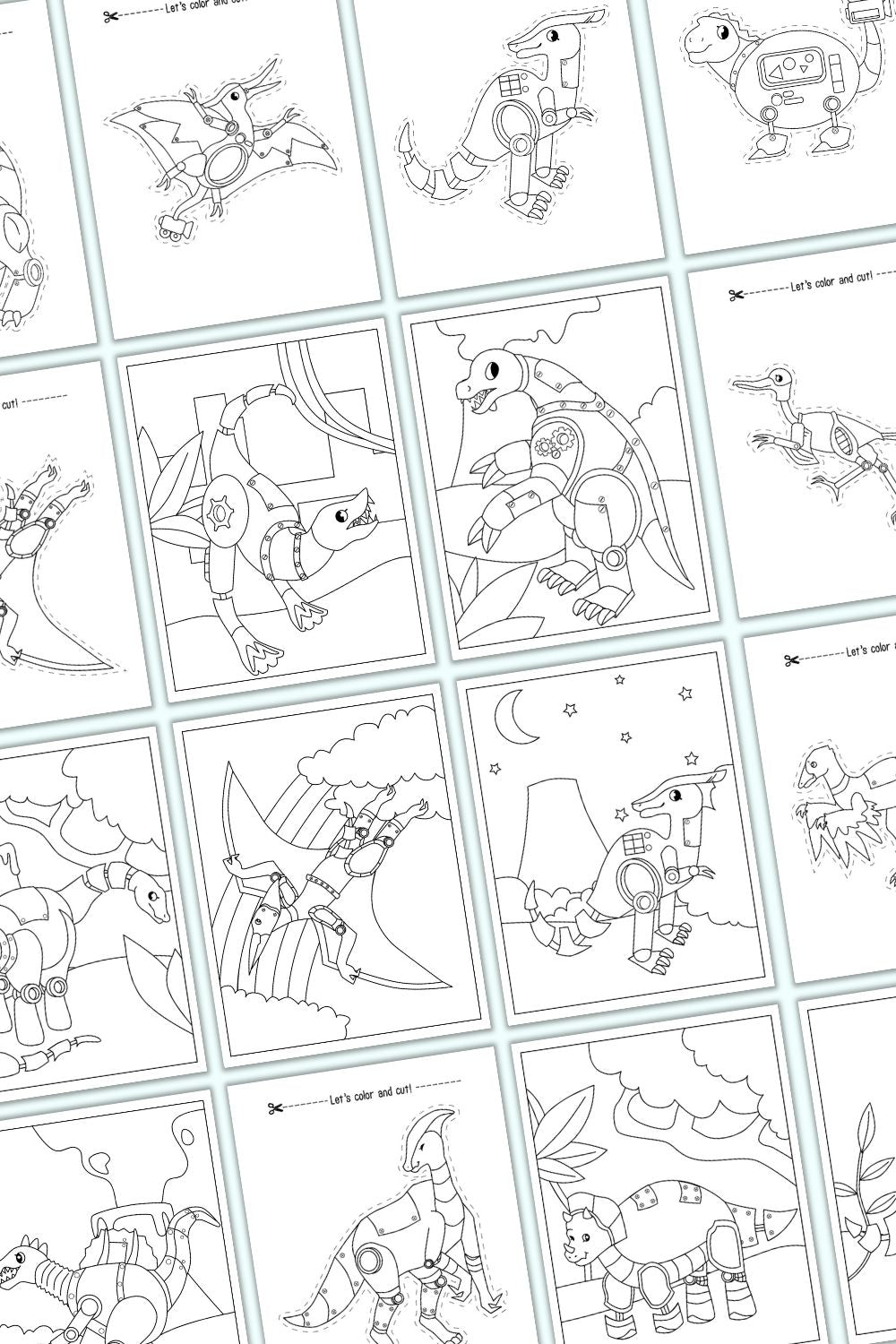 A preview of robot dinosaur coloring pages for kids 3-5
