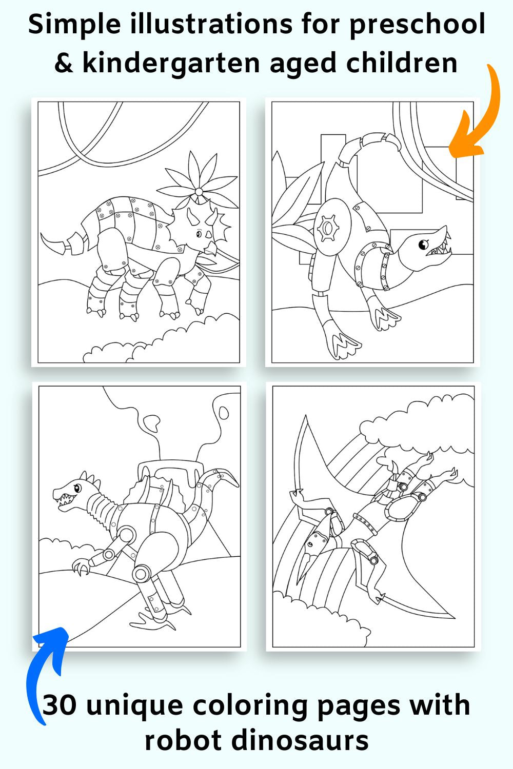 a preview of four robot dinosaur coloring pages