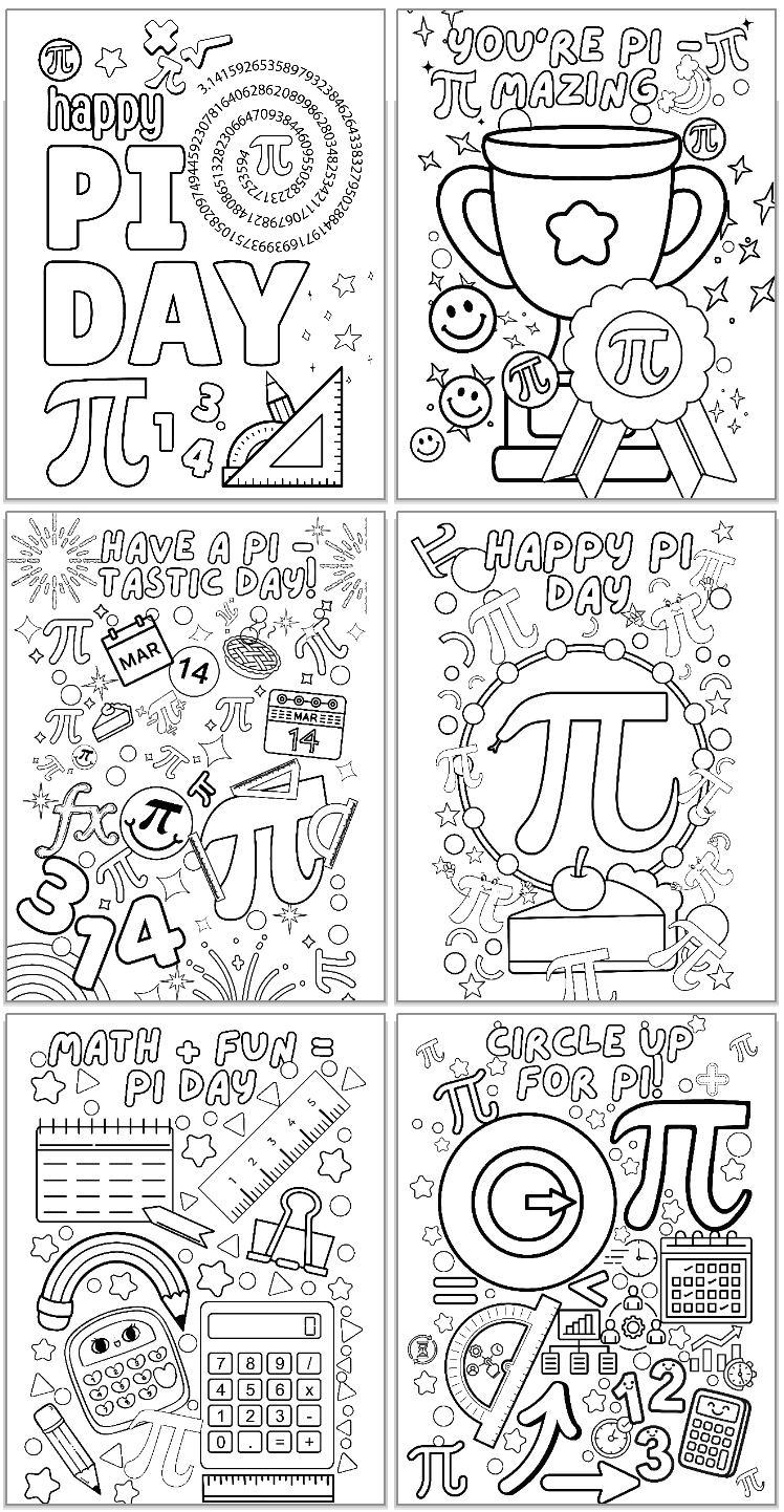Set of six Pi Day-themed coloring pages with various designs and text.