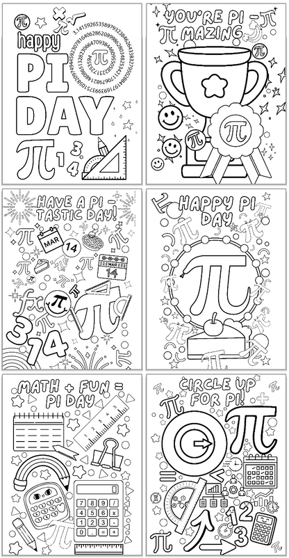 Set of six Pi Day-themed coloring pages with various designs and text.