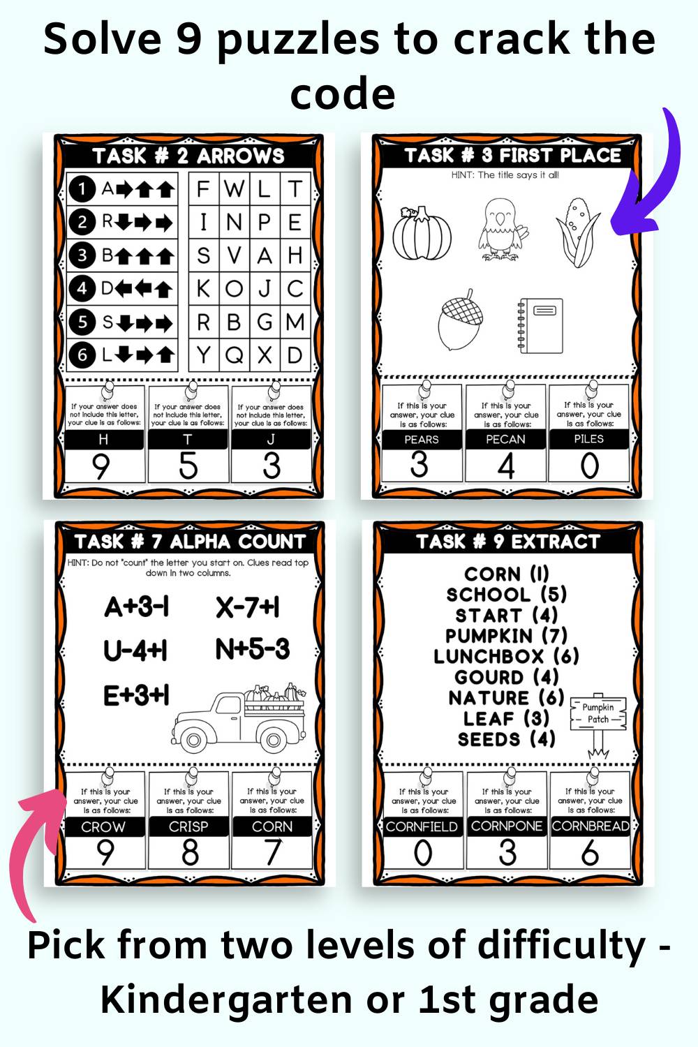 Text "solve 9 puzzles to crack the code" and "pick from two levels of difficulty - Kindergarten or 1st grade"