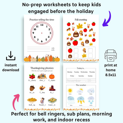 Educational worksheets for children with a clock, counting, phonics, and weather illustrations on a white background.

