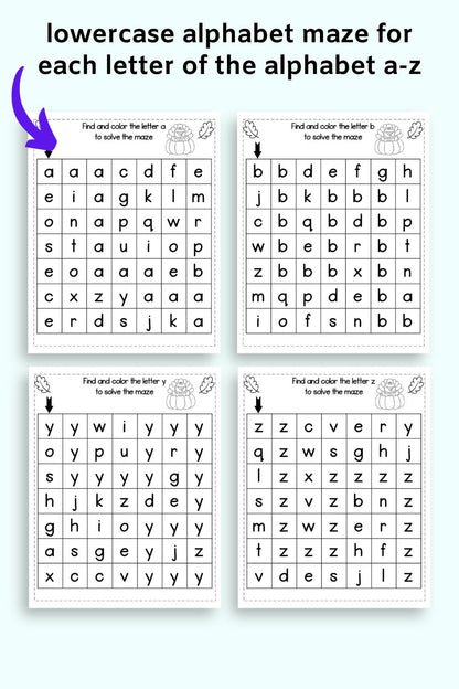 A preview of four lowercase alphabet mazes with letters a, b, y, and z
