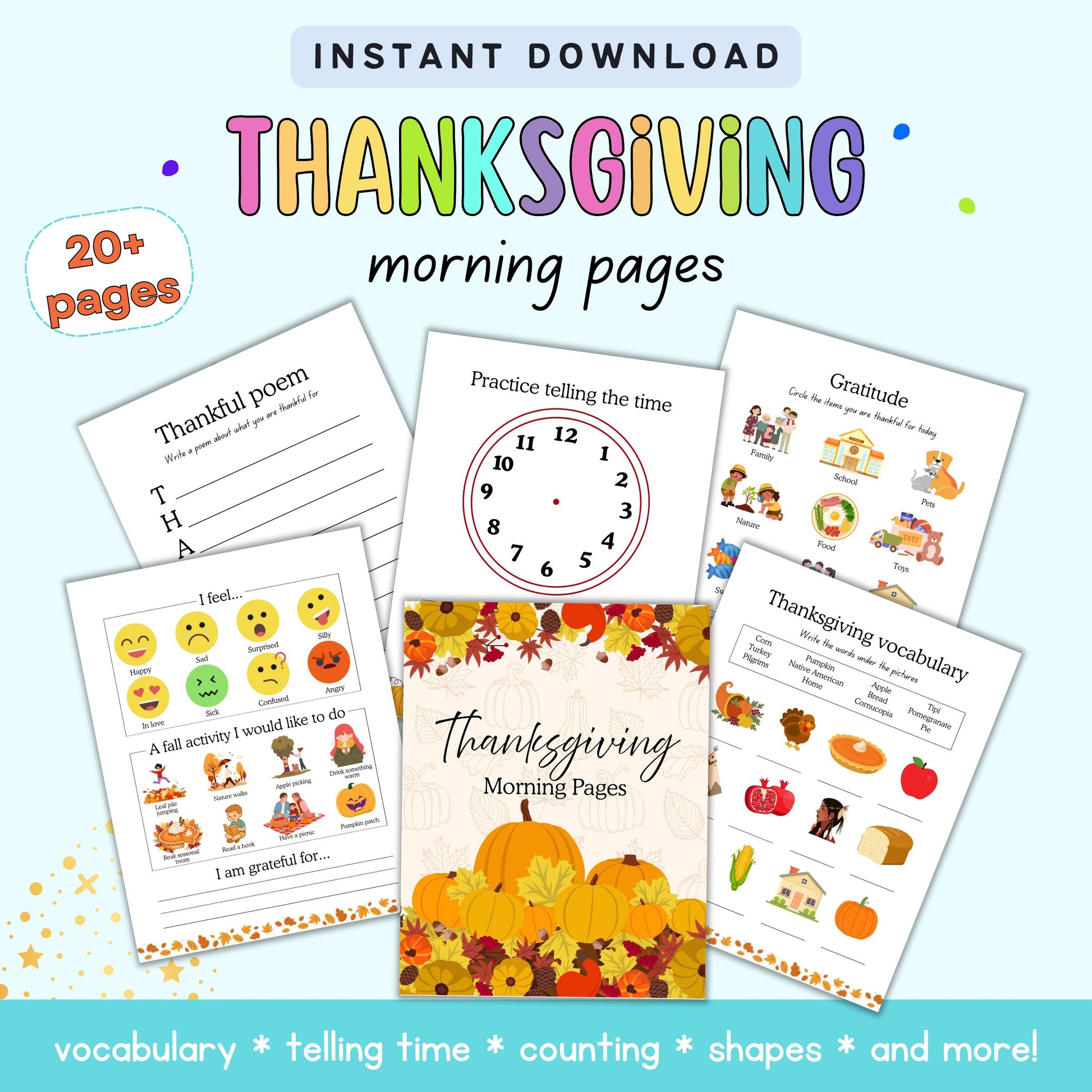 Collection of Thanksgiving-themed morning pages with colorful design on a light blue background.
