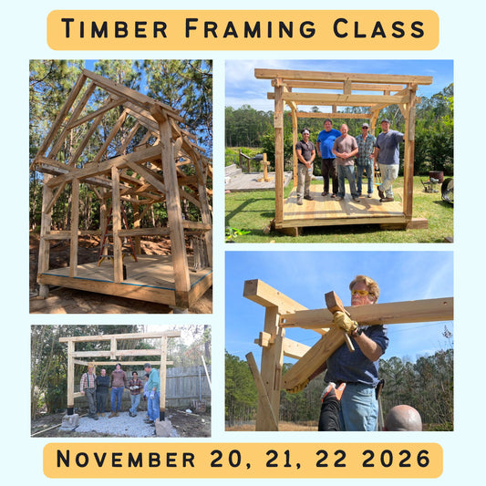 Collage of images showing timber framing class activities with text about the class dates.